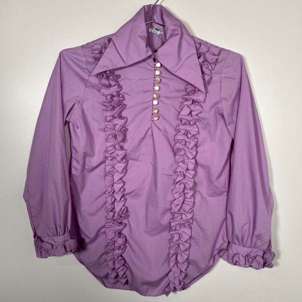 Vintage Ben Rose‎ Purple Ruffle Blouse Long Sleeve Button Front Montreal Small - Picture 2 of 7